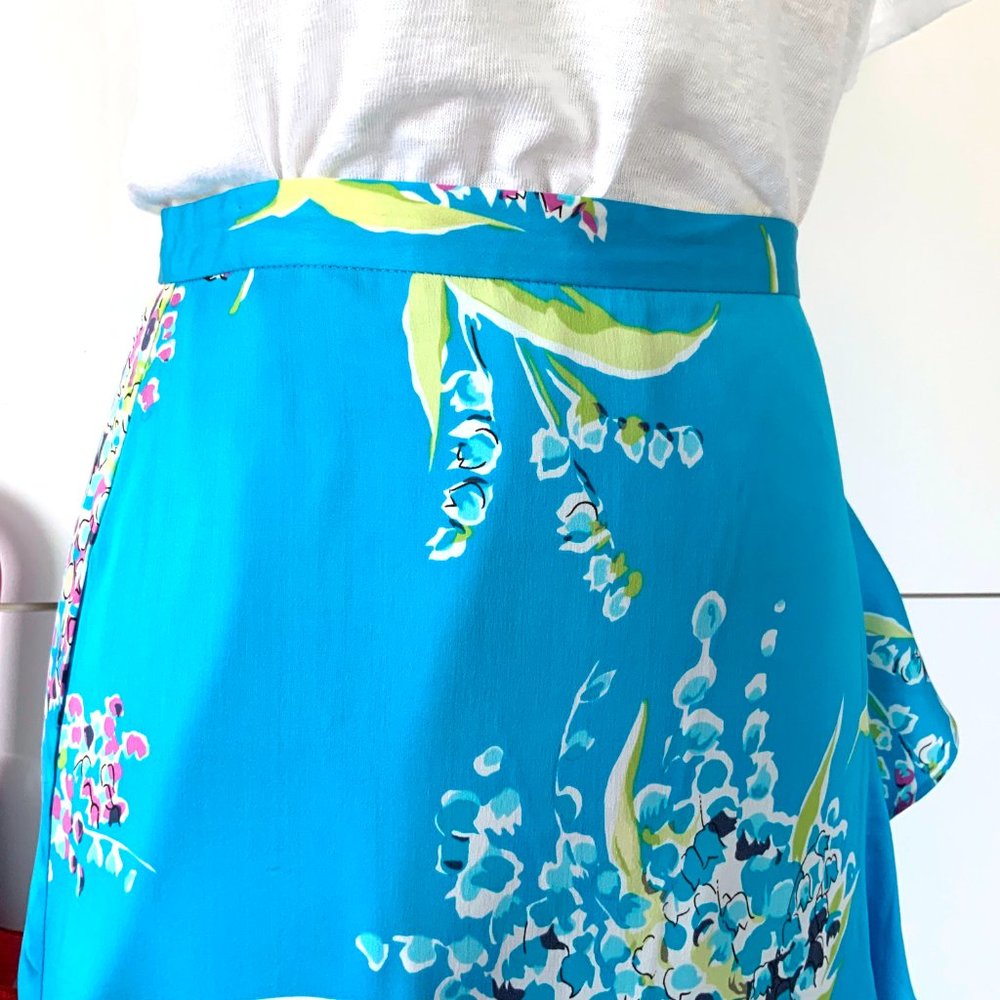 Valerie Stevens 100% Silk Blue Floral Midi Ruffle Faux Wrap Skirt Sz 8P - Picture 16 of 16